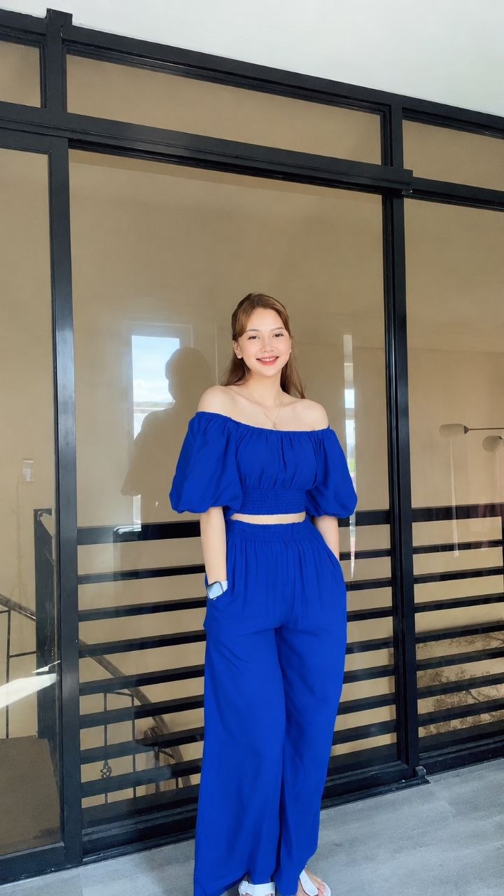 SC71 Set | Off-Shoulder Puff Sleeve Top and Wideleg Pants Linen Coordinates Set