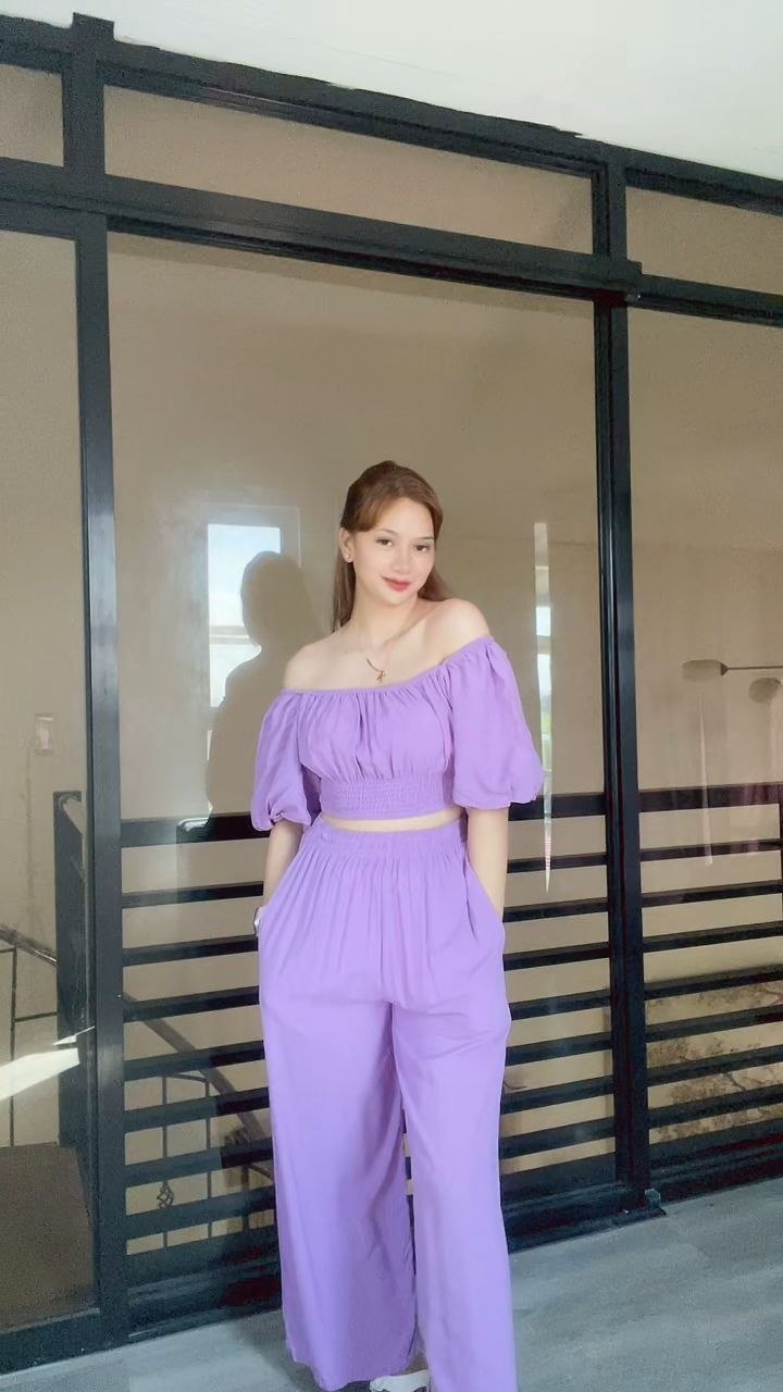 SC71 Set | Off-Shoulder Puff Sleeve Top and Wideleg Pants Linen Coordinates Set