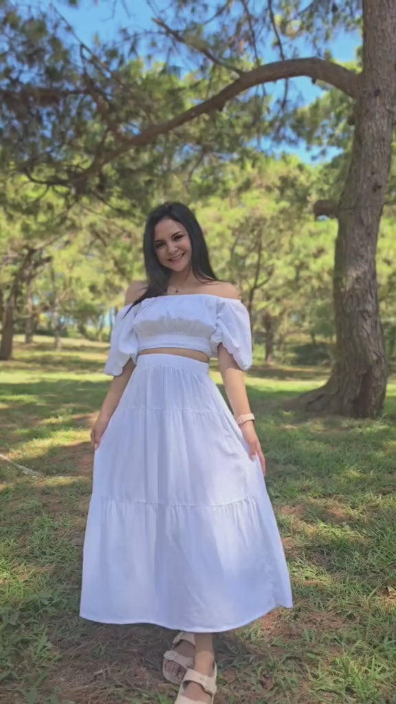 SC78 Set | Off-Shoulder Puff Sleeves Top and Maxi Skirt Set
