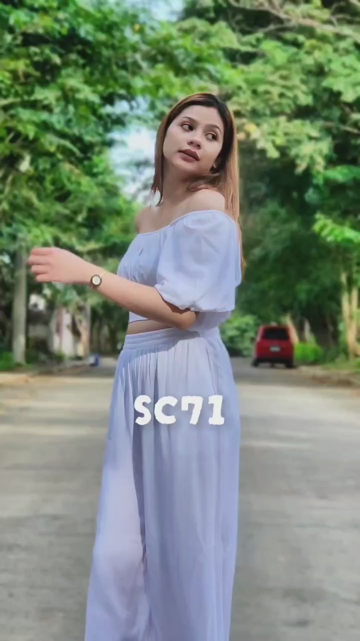 SC71 Set | Off-Shoulder Puff Sleeve Top and Wideleg Pants Linen Coordinates Set