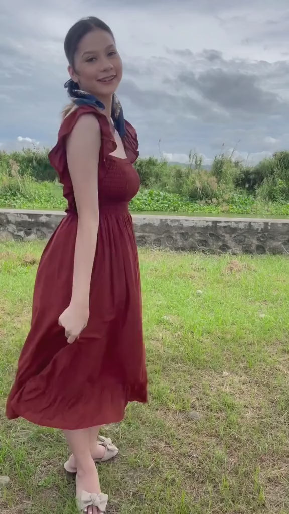 SC70 Dress |  Ruffle Strap Smocking Linen Maxi Dress