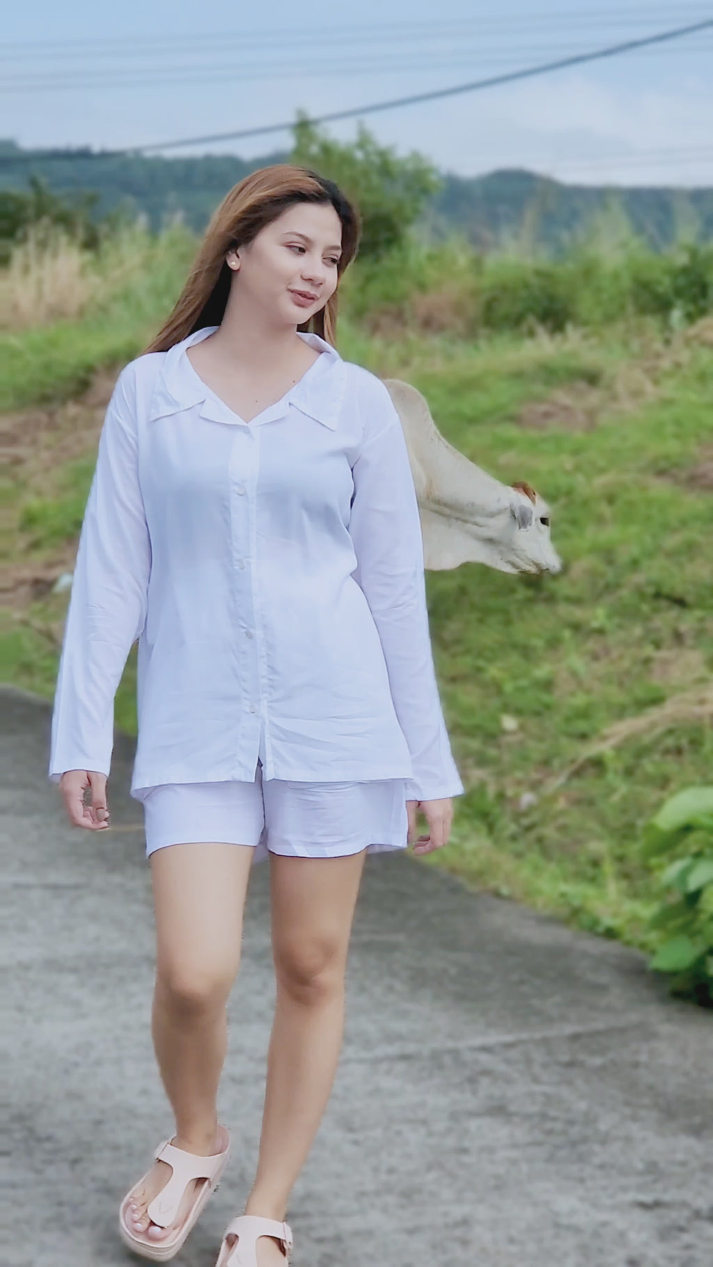 SC60 Set | Long-Sleeve Button Polo Top and Shorts with pockets Linen Set