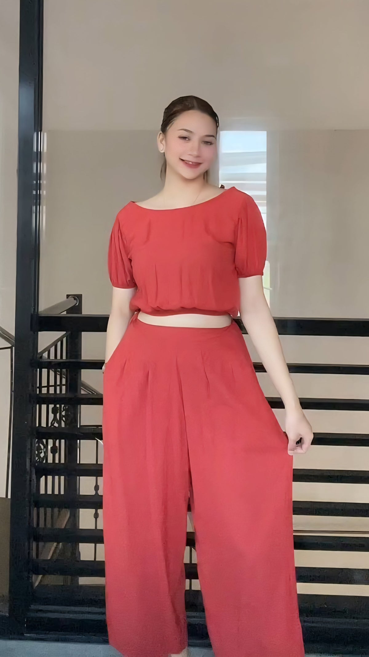 SC26 Set | Puff Sleeves Blouse and Wide leg Pants Coordinates Set