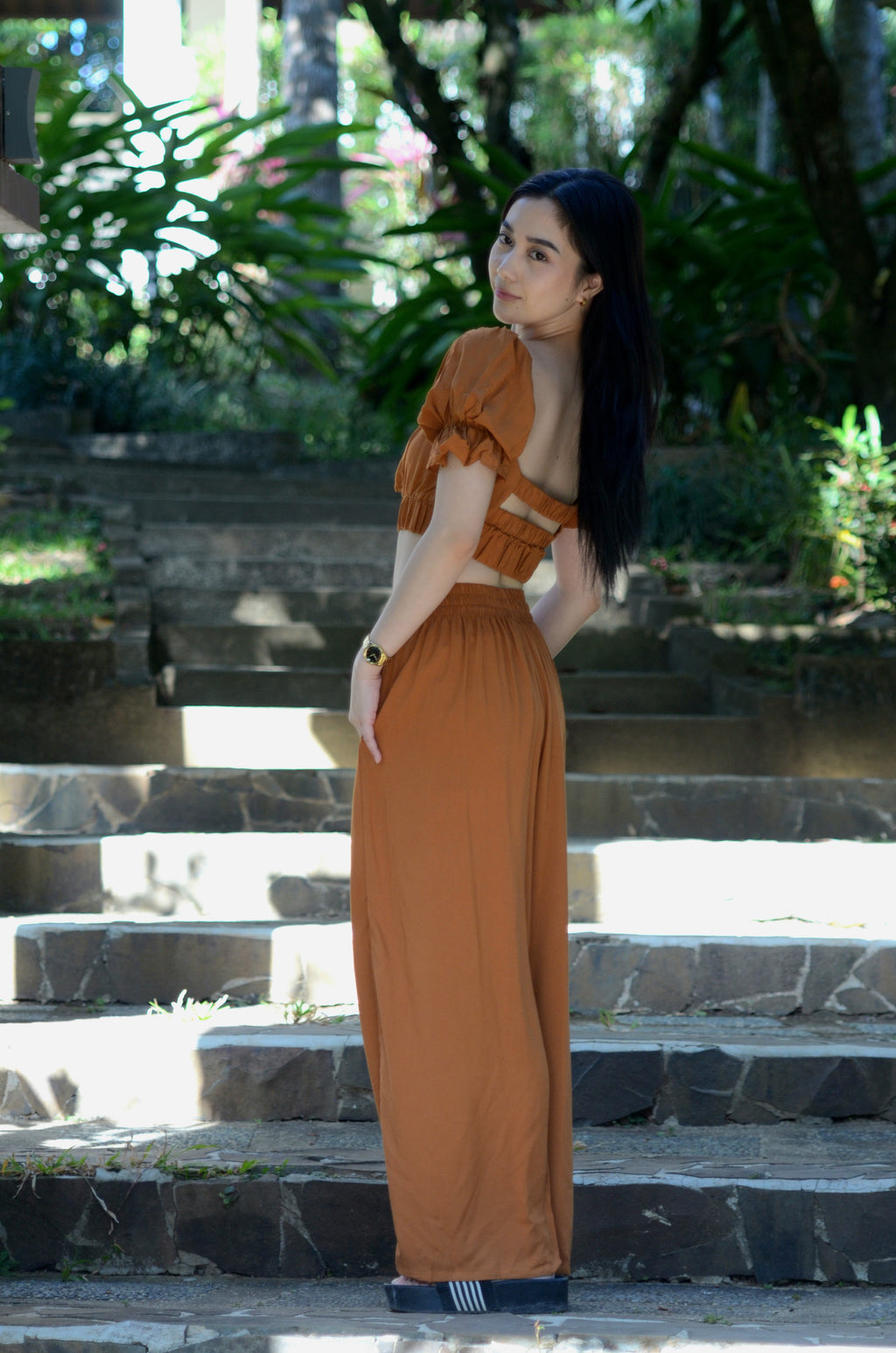 SC123 Set | Linen Two-Piece Set Bralette Puff Sleeve Crop Top & Wide-Leg Pants