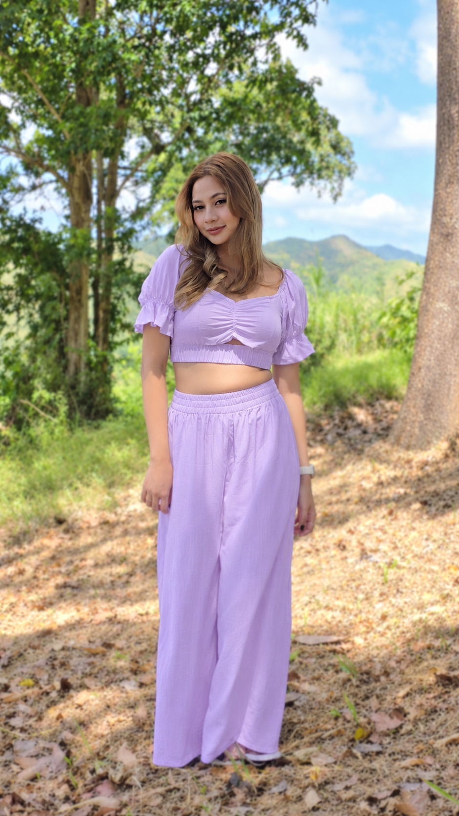 SC123 Set | Linen Two-Piece Set Bralette Puff Sleeve Crop Top & Wide-Leg Pants