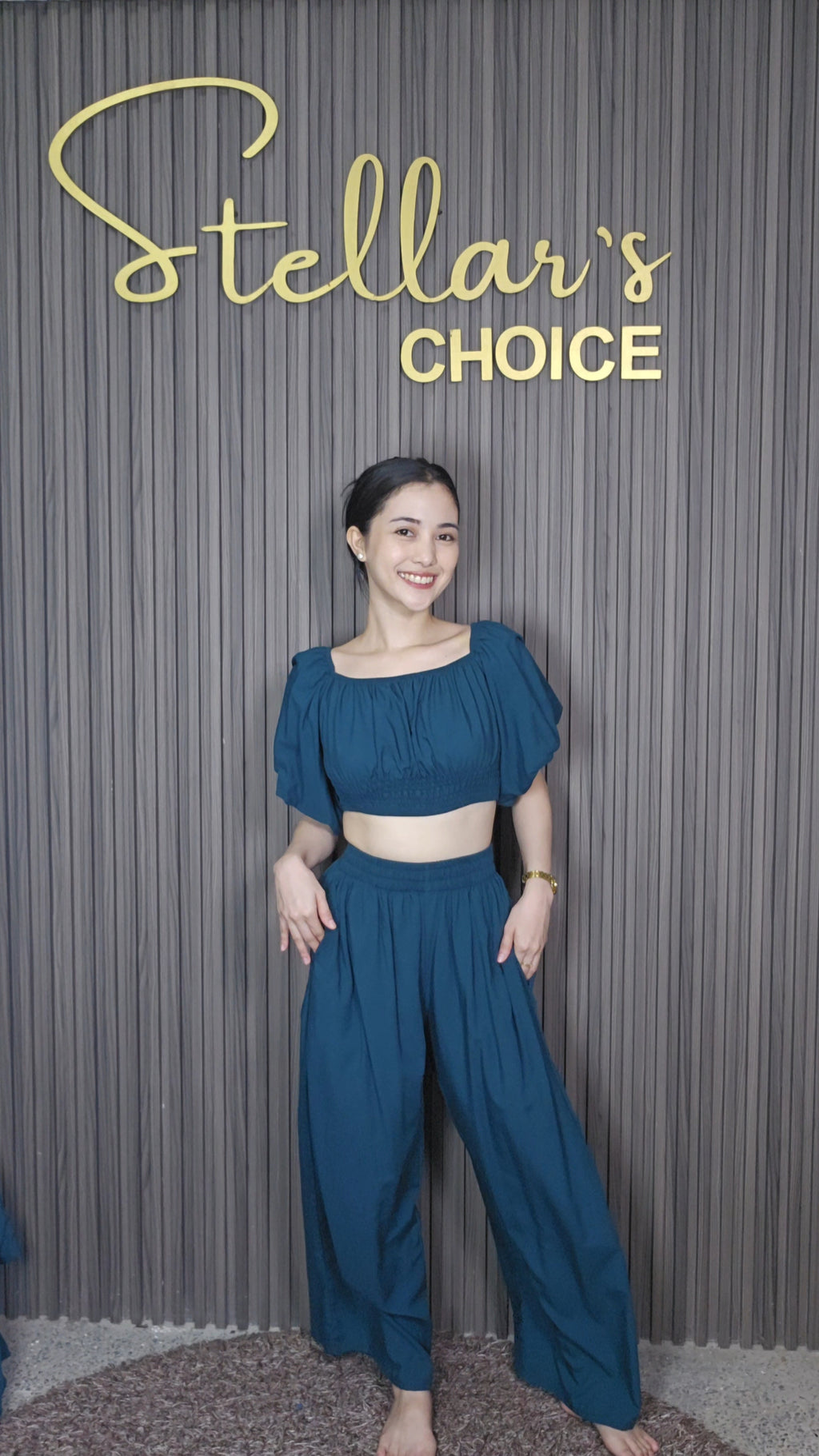 SC123 Set | Linen Two-Piece Set Bralette Puff Sleeve Crop Top & Wide-Leg Pants