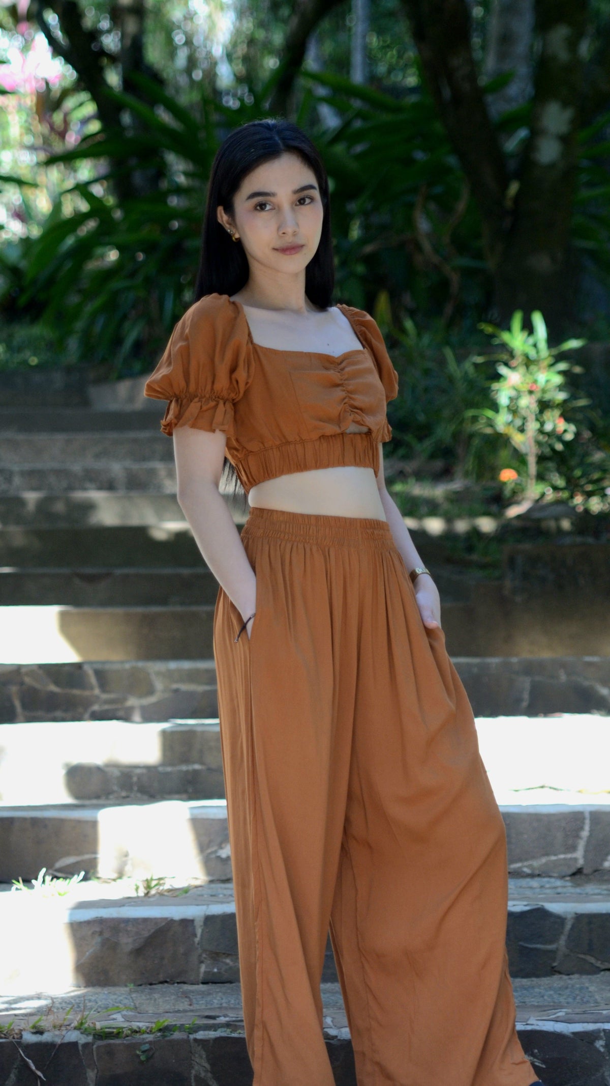 SC123 Set | Linen Two-Piece Set Bralette Puff Sleeve Crop Top & Wide-Leg Pants