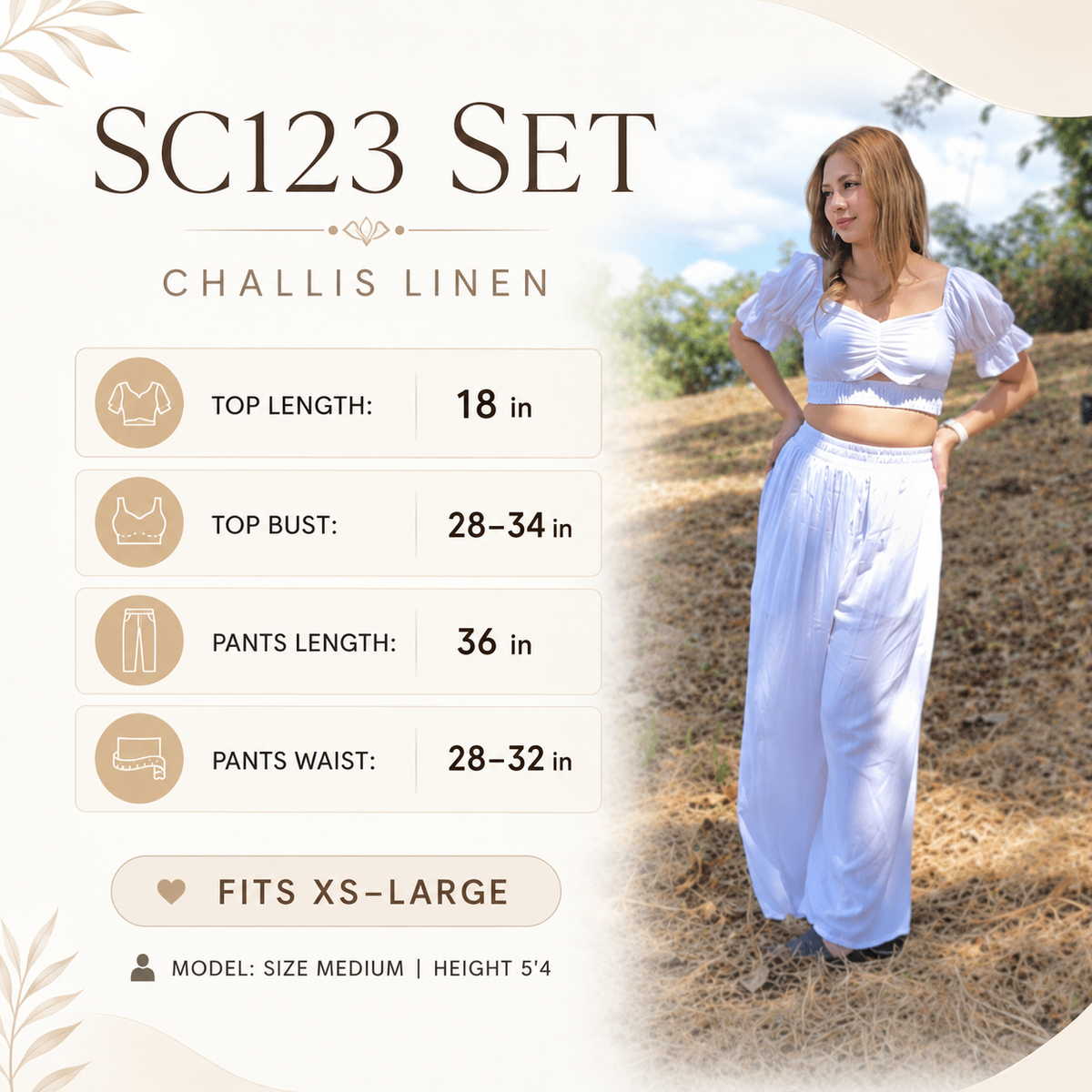 SC123 Set | Linen Two-Piece Set Bralette Puff Sleeve Crop Top & Wide-Leg Pants