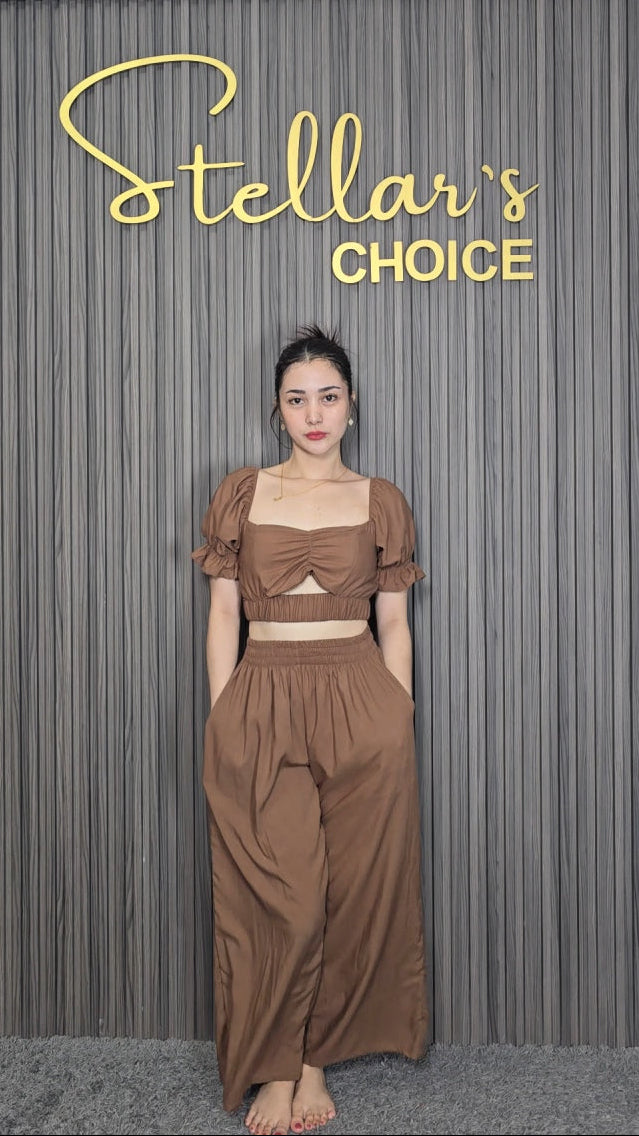 SC123 Set | Linen Two-Piece Set Bralette Puff Sleeve Crop Top & Wide-Leg Pants