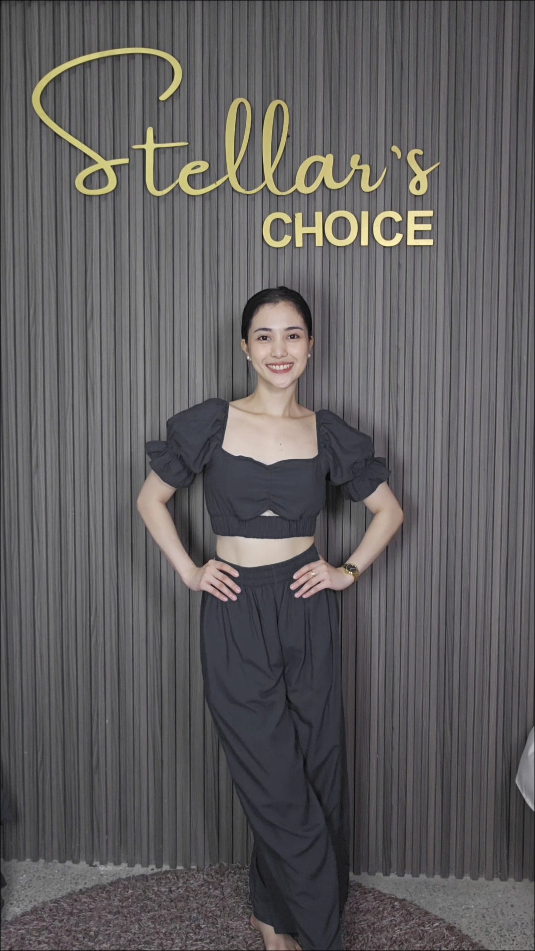 SC123 Set | Linen Two-Piece Set Bralette Puff Sleeve Crop Top & Wide-Leg Pants