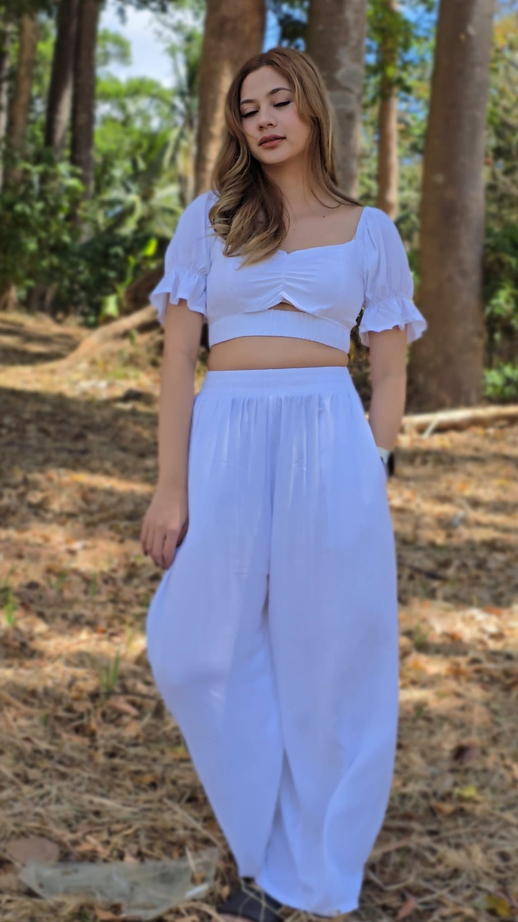 SC123 Set | Linen Two-Piece Set Bralette Puff Sleeve Crop Top & Wide-Leg Pants