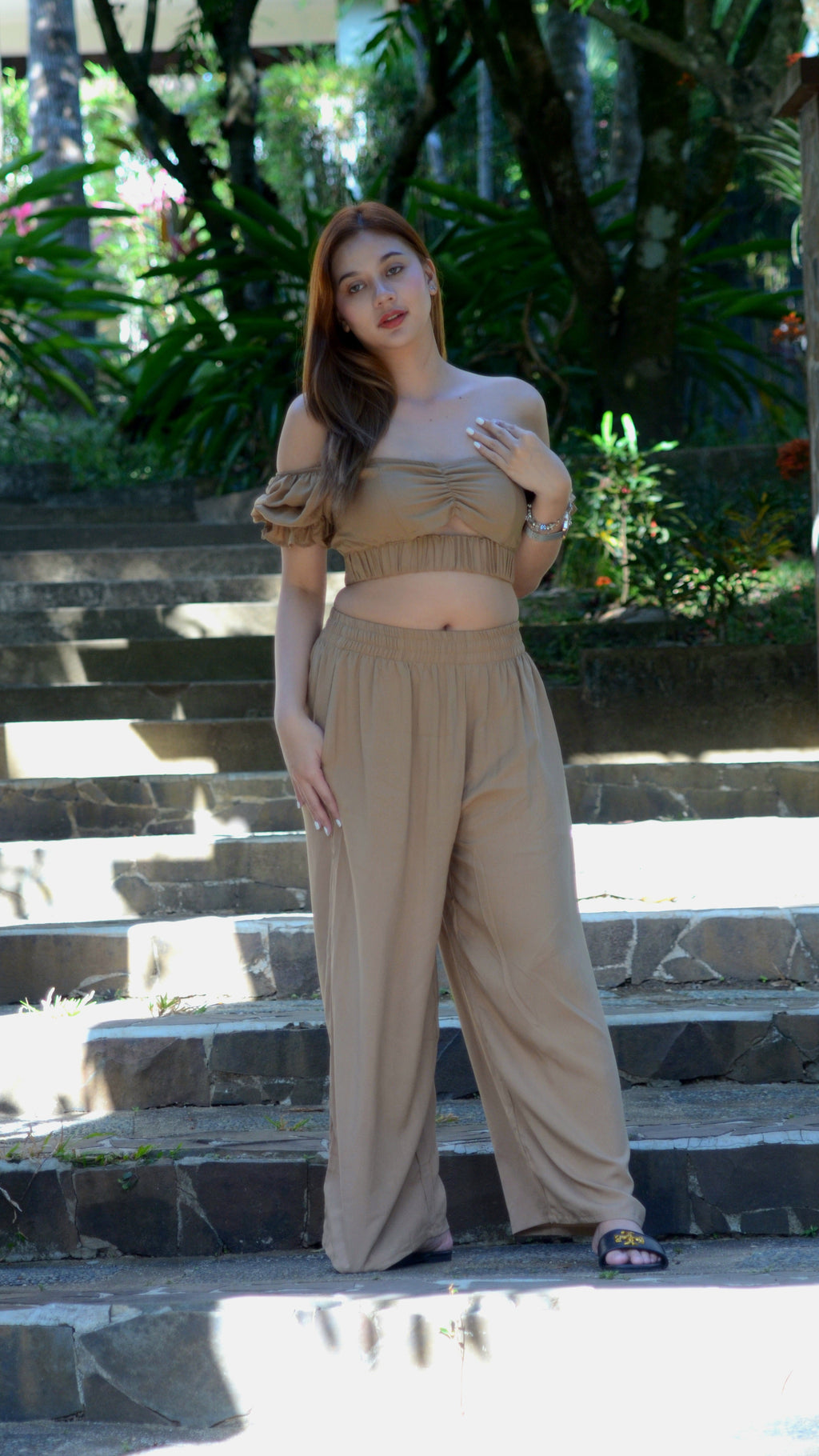 SC123 Set | Linen Two-Piece Set Bralette Puff Sleeve Crop Top & Wide-Leg Pants