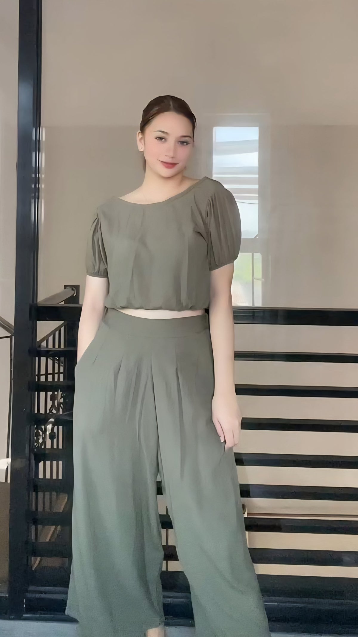 SC26 Set | Puff Sleeves Blouse and Wide leg Pants Coordinates Set