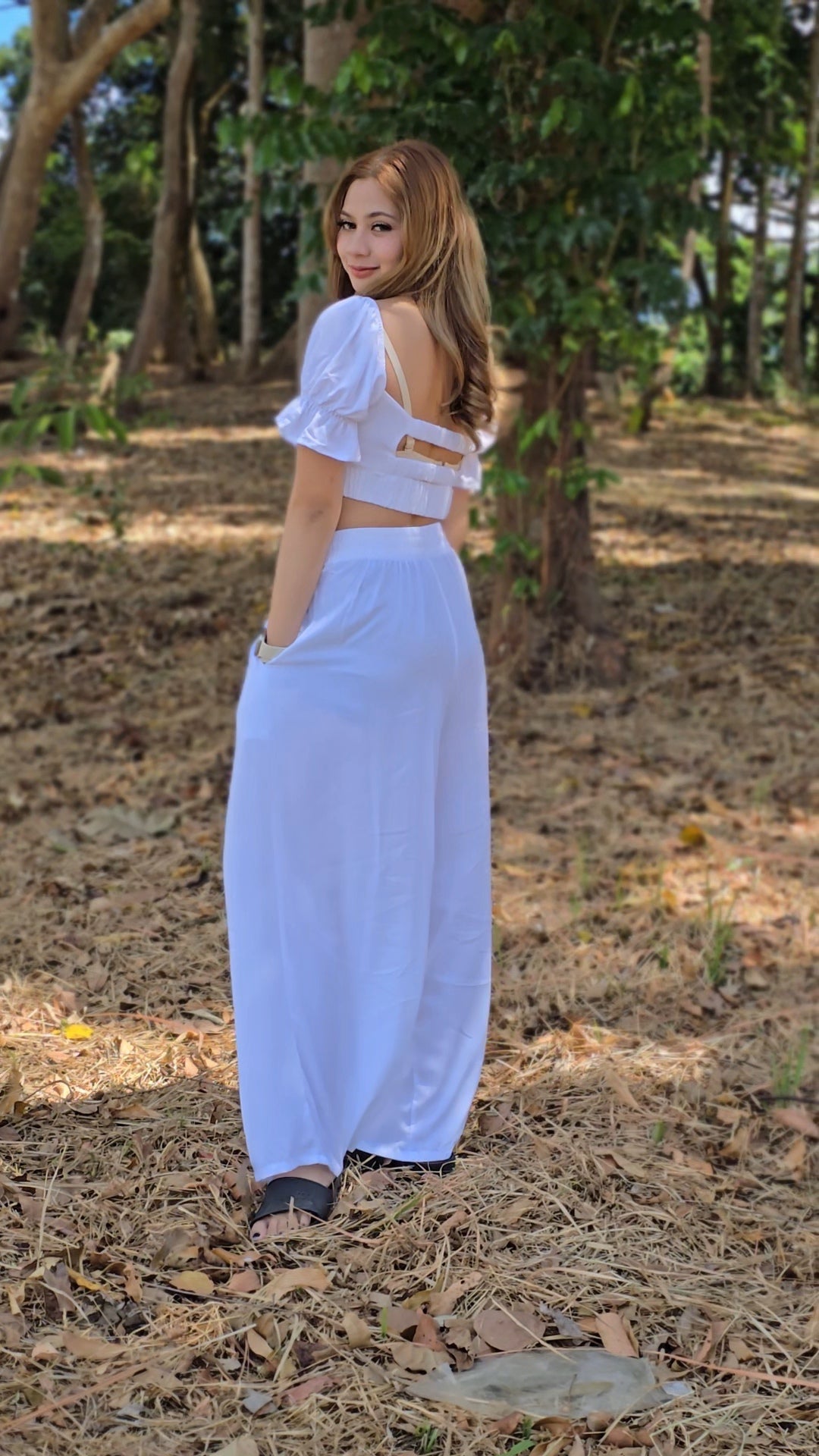 SC123 Set | Linen Two-Piece Set Bralette Puff Sleeve Crop Top & Wide-Leg Pants